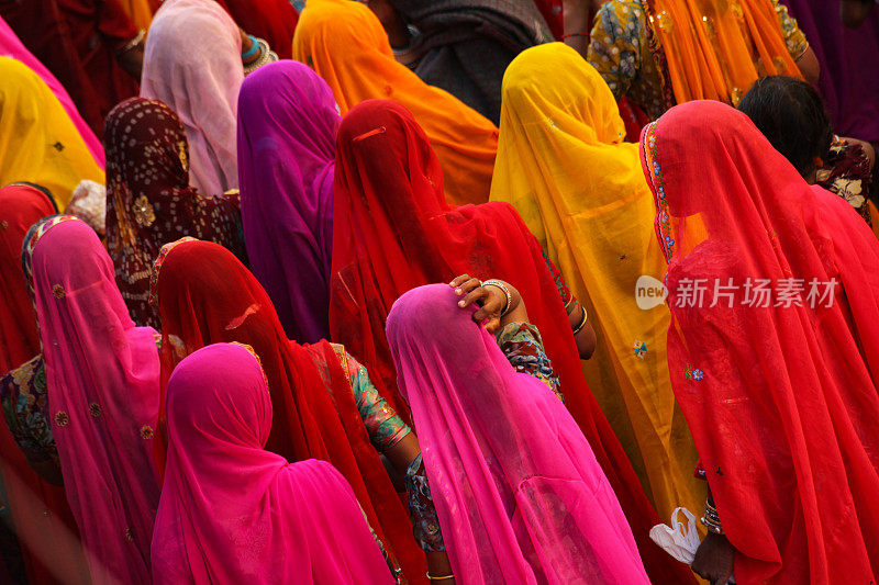 Group of Rajasthani women folk dressed in exotic colorful attire attends Pushkar Camel Fair